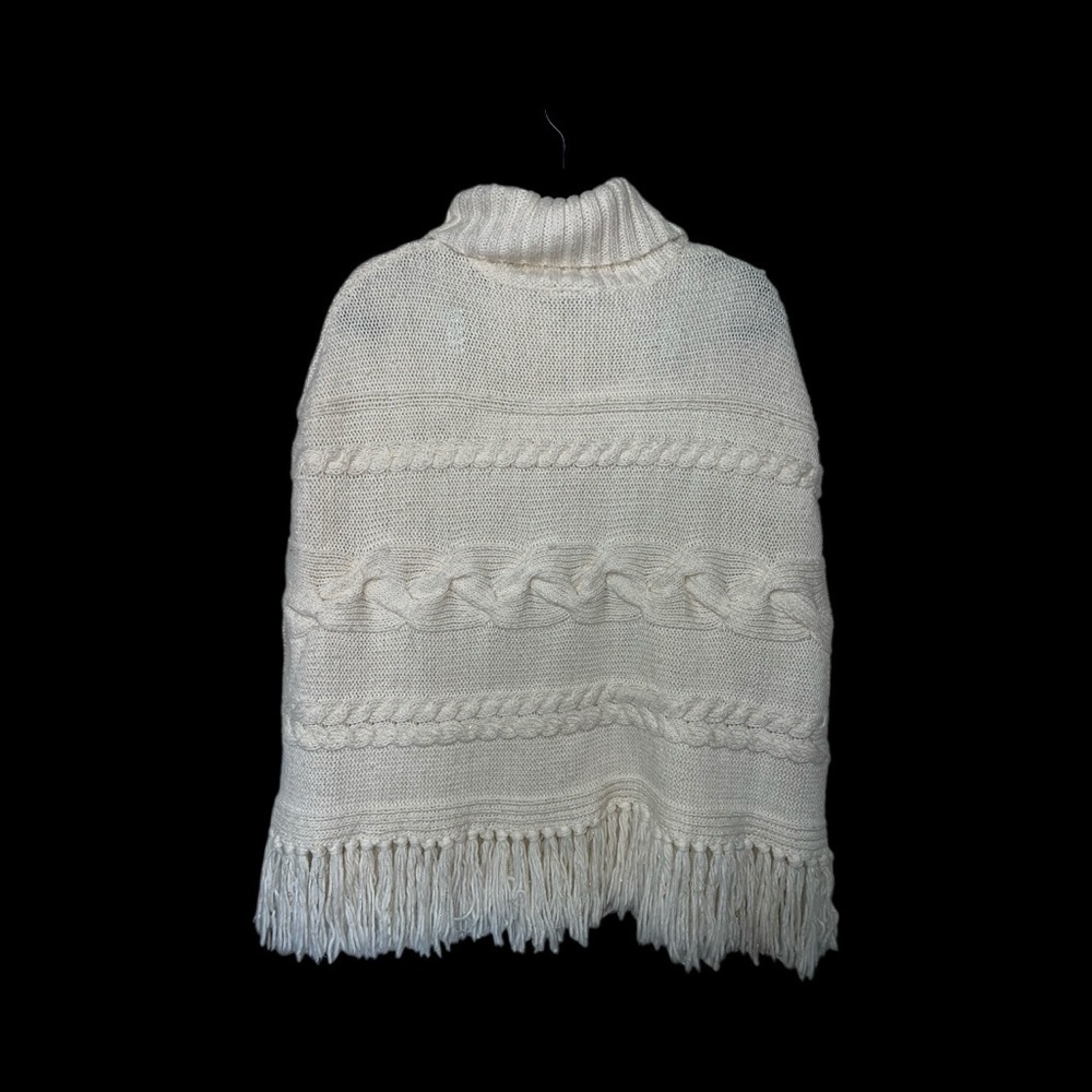 Chico's Cream Knit Poncho Turtle-Neck Fringe White Sweater Open Side Sleeveless